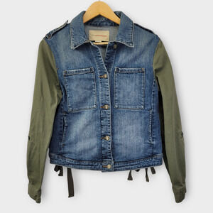 Pilcro Anthropologie Denim Jean Jacket Small Blue Army Green Roll Tab Sleeves